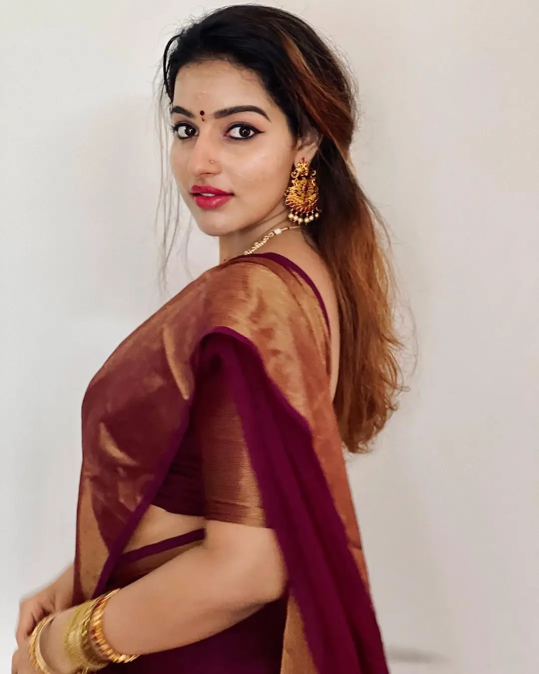 malayalam actress malavika menon in maroon saree blouse